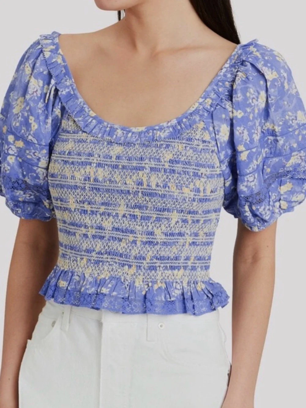 LoveShackFancy Blue Floral Smocked Puff-Sleeve Crop Top